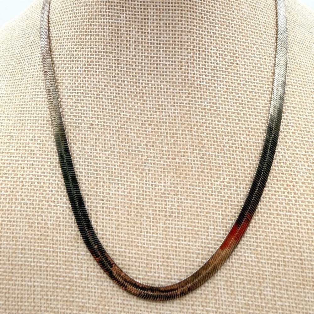 Vintage 80s Silver Tone Herringbone Snake Chain Necklace Korea Flat Link Jewelry